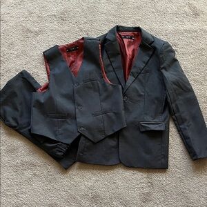 Boys Black 3-Piece Vest & Jacket Matching Set with Red Lining